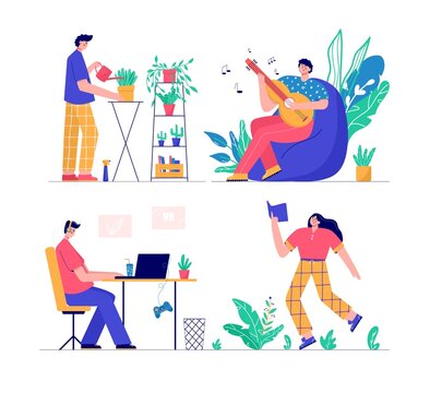 Modern people playing guitar, read book,  geardering, gaming. Set of man and woman enjoying their hobbies, work, leisure. Vector illustration in flat cartoon style.