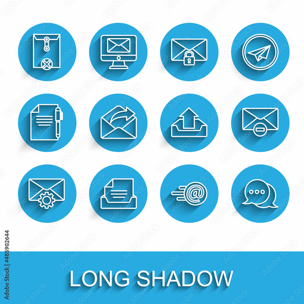 Poster set line envelope setting, drawer with document, delete envelope, mail and e-mail, speech bubble cha