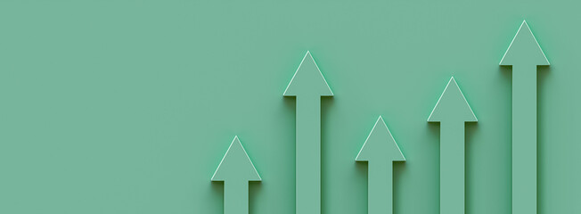 Pastel green growing bars graphic with rising arrow background, 3d render, progress way and forward achievement creative concept, 3d illustration