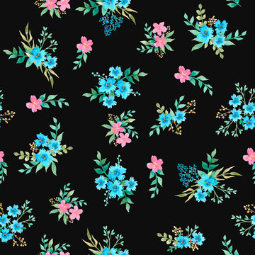 Seamless pattern with flowers 
on black background, watercolor