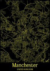 Black and Yellow map of Manchester United Kingdom.