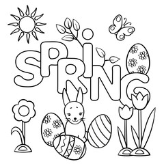 Coloring page with the word SPRING, easter eggs, rabbit, flowers