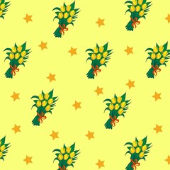Fototapeta na wymiar Beautiful bouquets of tulips tied with a red ribbon on a yellow background with stars. Seamless pattern vintage. trend print for textiles and wallpaper.