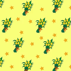 Keuken spatwand met foto Beautiful bouquets of tulips tied with a red ribbon on a yellow background with stars. Seamless pattern vintage. trend print for textiles and wallpaper. © Nina