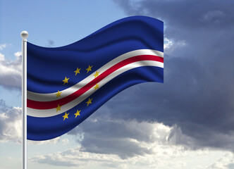 Flag of the Cape Verde on a stick, dark clouds in the background