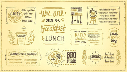 Barbecue cafe menu board template, vector menu board with BBQ symbols and dishes lettering
