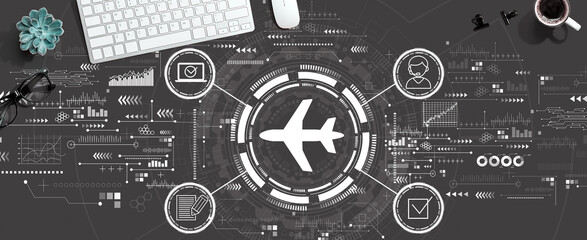 Flight ticket booking concept with a computer keyboard and a mouse