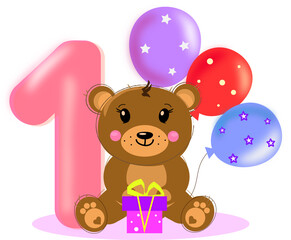 Teddy bear with baloons and number one