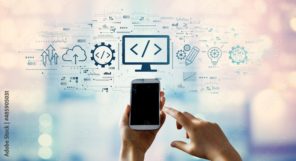 Poster web development concept with person using a smartphone