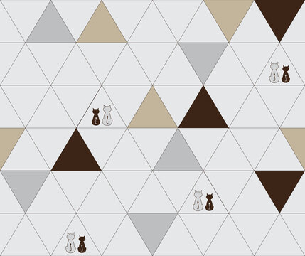 Vector abstract seamless pattern with triangles in the form of lines and filled shapes with cats.