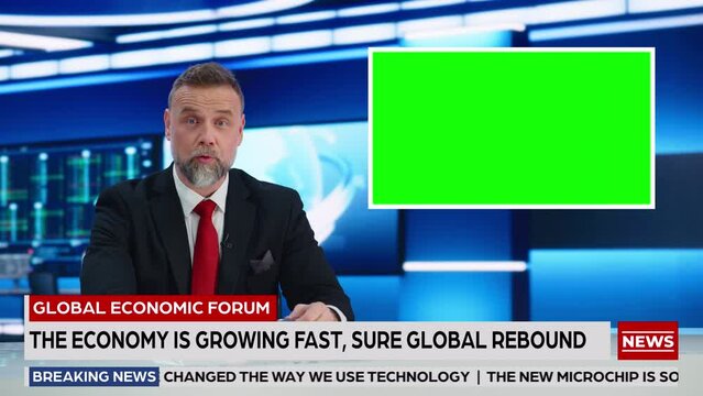 Newsroom TV Studio Live News Program: Caucasian Male Presenter Reporting, Green Screen Chroma Key Screen Picture. Television Cable Channel Anchor Talks. Network Broadcast Mock-up Playback