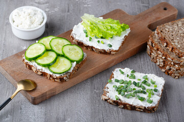 Healthy sandwich with white cottage cheese and cucumber