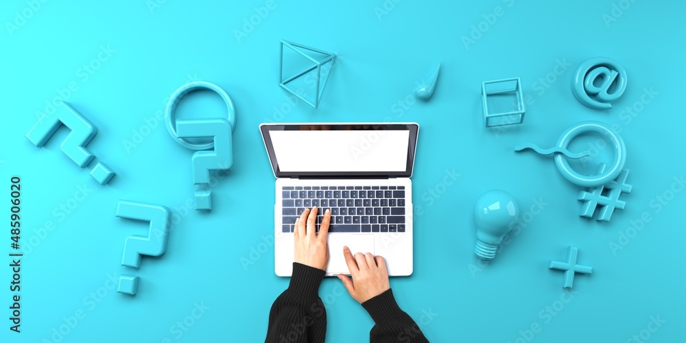 Poster question marks and geometric shapes with person using a laptop computer from above