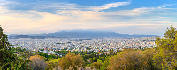 Beautiful view of Athens in the evening, Greece, Europe. View of the city from above