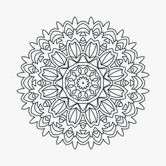 Coloring page mandala pattern vector. Flower mandala line art. Decorative mandala ornament for coloring pages. Black and white mandala ornament line art. Indian style decoration element.