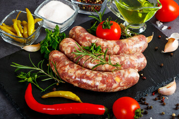 Raw barbecue sausages with spices and vegetables. Top view. Free space for your text.