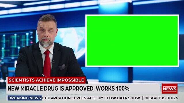Newsroom TV Studio Live News Program: Professional Male Presenter Reporting, Green Screen Chroma Key Screen Picture. Television Cable Channel Anchor Talks. Network Broadcast Mock-up Playback