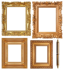 Set of golden frames for paintings, mirrors or photo isolated on white background