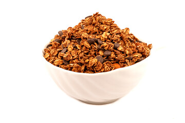Nut Granola  isolated on white background, copy space. Healthy snack or breakfast concept - homemade granola with grains and nuts.