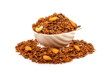 Nut Granola  isolated on white background, copy space. Healthy snack or breakfast concept - homemade granola with grains and nuts.