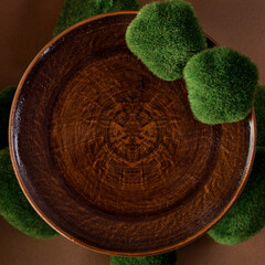 brown plate for food, spa, cosmetics, collage background