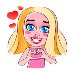 Cute little girl making heart shape with her hands. Happy female kid folders hands as heart sign, love symbol. Cartoon smiling child, hand drawn vector illustration, isolated on white.