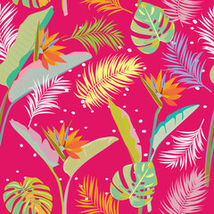 Fototapeta na wymiar Tropical vector seamless pattern with leaves of strelitzia, palm tree and flowers