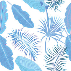 Blue tropical jungle palm tree leaves seamless vector pattern.  Botany background, jungle  wallpaper