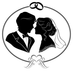 Wedding. Silhouettes of the bride and groom. Vector illustration.