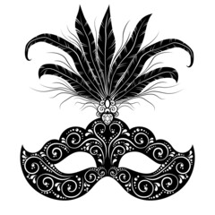 Masquerade mask decorated with feathers. Vector illustration isolated on white background.