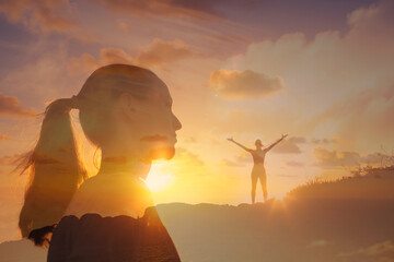 People power and strength. Strong happy young woman on a mountain feeling free, overcoming obstacles, feeling empowered , mental physical health concept