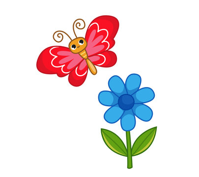 A cute cartoon butterfly pollinates a blue tulip flower. Insect drawing in children's style. Colored summer illustrations with plants.