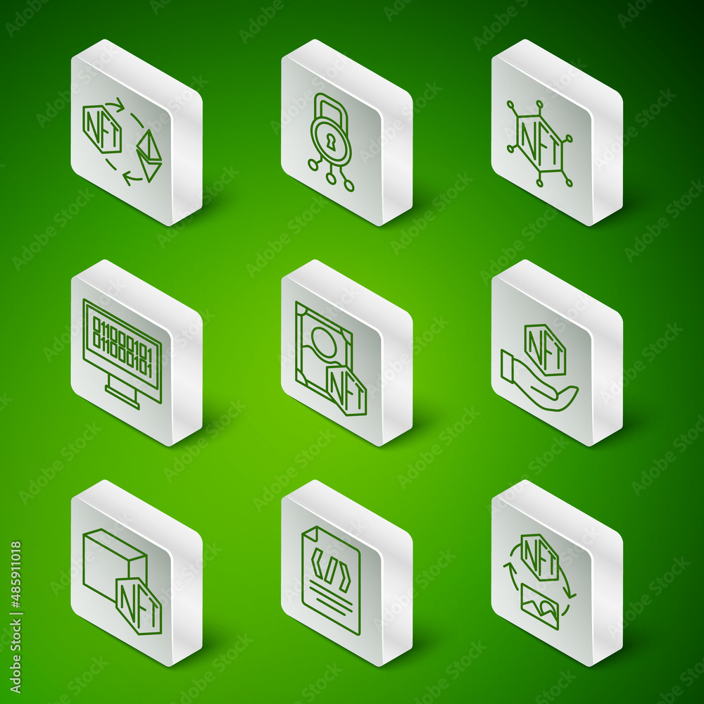 Poster set line nft digital crypto art, binary code, ethereum exchange, cyber security, and icon. vector