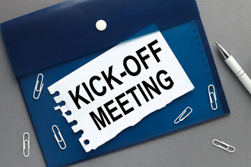 Kick-off meeting Message. clipboard with white blank sheet of paper on gray isolated