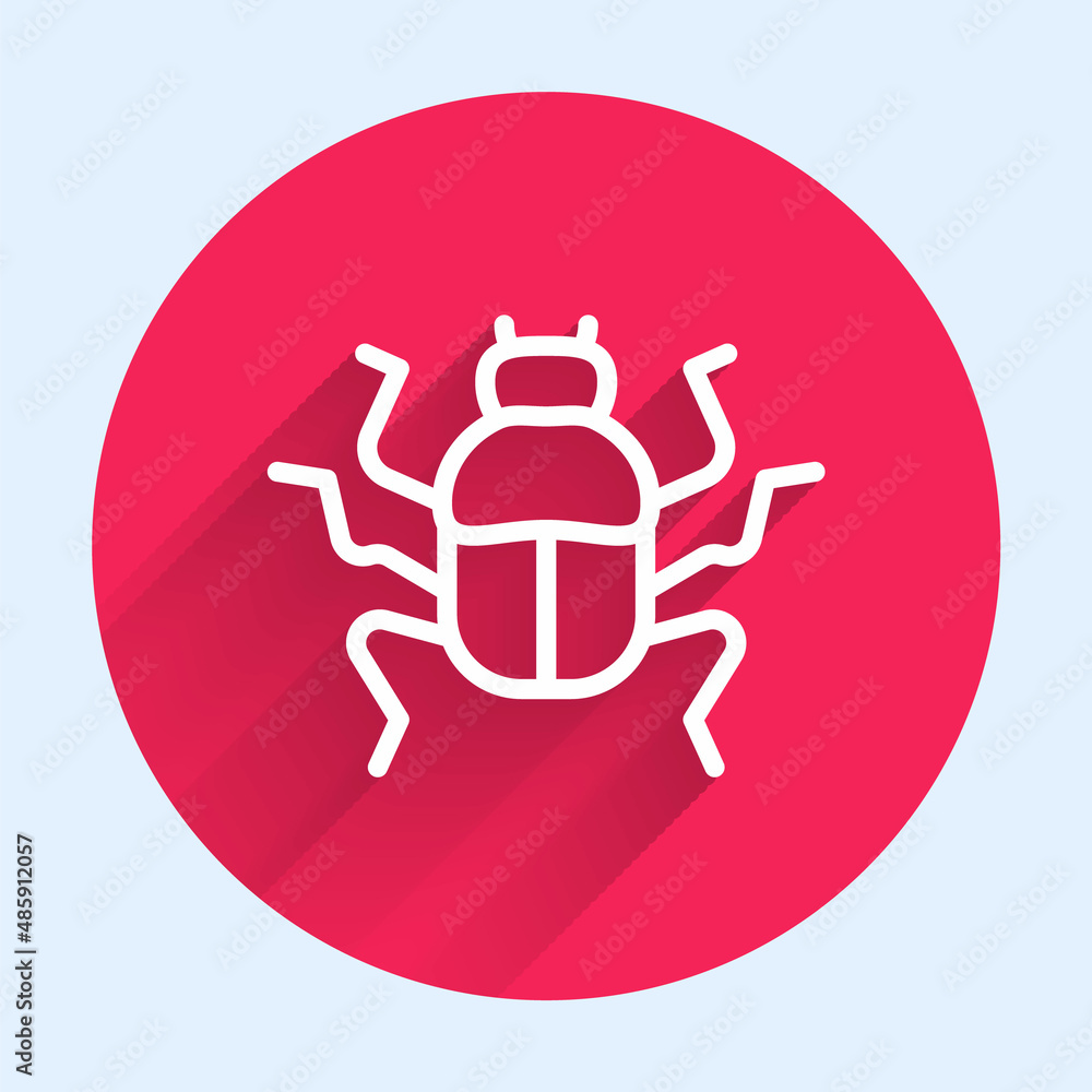 Poster white line beetle bug icon isolated with long shadow. red circle button. vector
