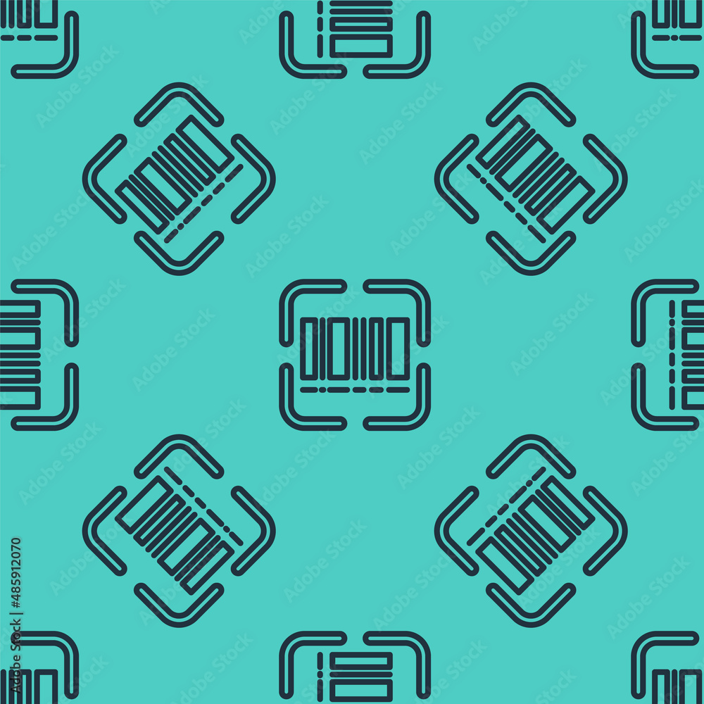 Poster black line scanner scanning bar code icon isolated seamless pattern on green background. barcode lab