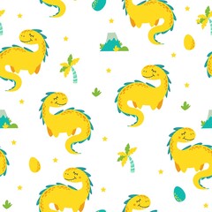 Bright vector seamless pattern. Cute dinosaurs, volcano, stars, palm trees. Pattern for baby clothes, textiles, diapers and fabrics.