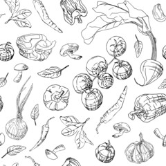 Vector seamless pattern with vegetables: tomato, pepper, onion, mushroom, carrot, beet, garlic, basil leaf. Hand-drawn illustration in sketch style for design of menu, decoration of café, wrap, card.