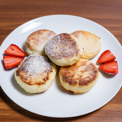 Cheesecakes with cottage cheese on a white plate with powder, cream, jam and strawberries. Healthy breakfast. homemade food