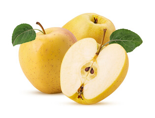 Two glden apple delicious one cut in half with green leaf