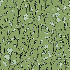 Graphic floral seamless pattern with different leaves and branches. Stylized leaves. Hand-drawn illustration for wrapping paper, fabric, textile, design of floral book, cover, package.
