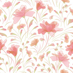 Fototapeta premium Floral seamless pattern with stylized flowers in soft shades. Illustration perfect for design of kid room, wedding, fabric and textile, wrapping paper and package, decoration of flower shop, card.