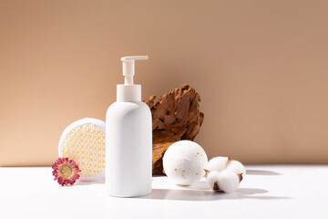 Eco-friendly bathroom accessories on natural beige paper background, copy space.