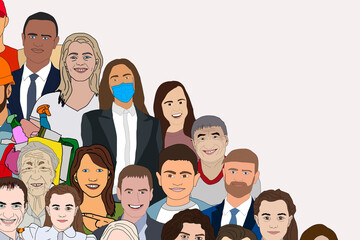 A lot of people stand on a white background. illustration