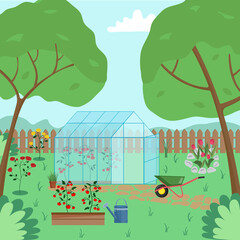  Spring countryside landscape with greenhouse, tomato, trees, watering can, wheelbarrow, flowers, tulips, rose. Glass house with tomatoes. Vector illustration.