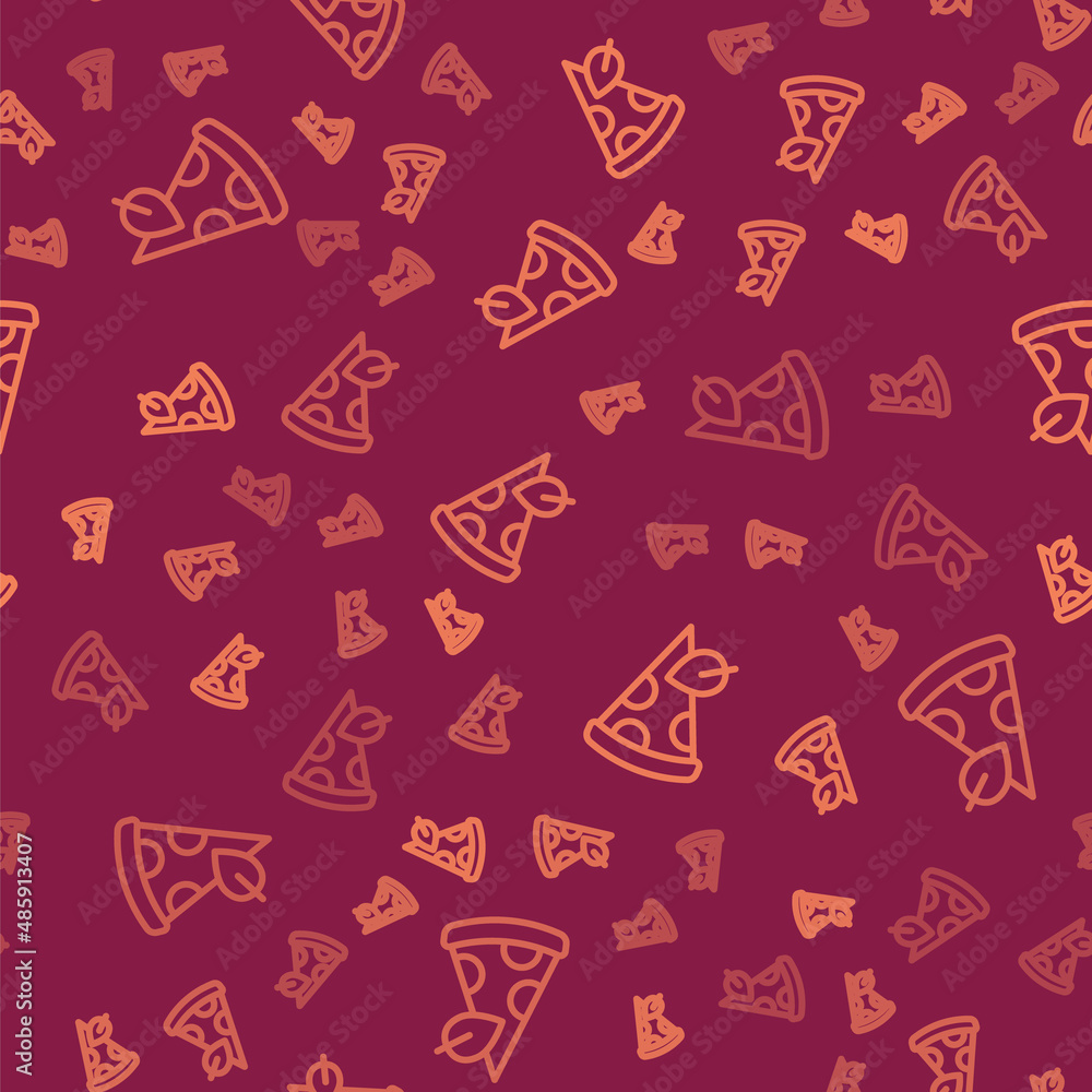 Poster brown line vegan pizza slice icon isolated seamless pattern on red background. vector