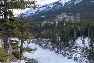 Banff Springs Hotel in winter. A historic landmark opened in 1888. Banff National Park. Canadian Rockies.