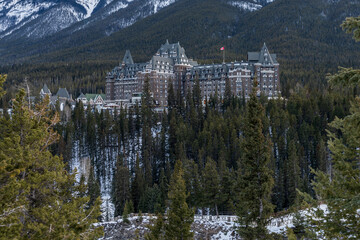 Banff Springs Hotel in winter. A historic landmark opened in 1888. Banff National Park. Canadian...
