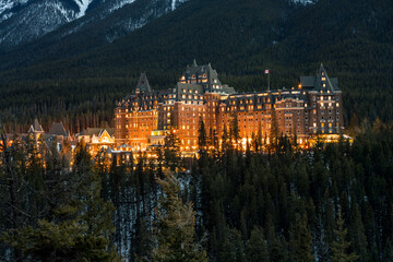 Fototapeta na wymiar Banff Springs Hotel in winter. A historic landmark opened in 1888. Banff National Park. Canadian Rockies. 