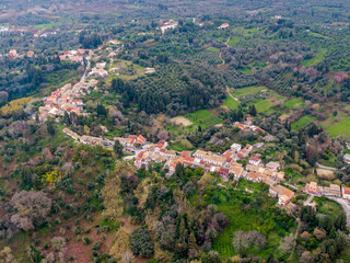 Aerial drone view in kavalouri village nexzt to karousades in north corfu greece 
